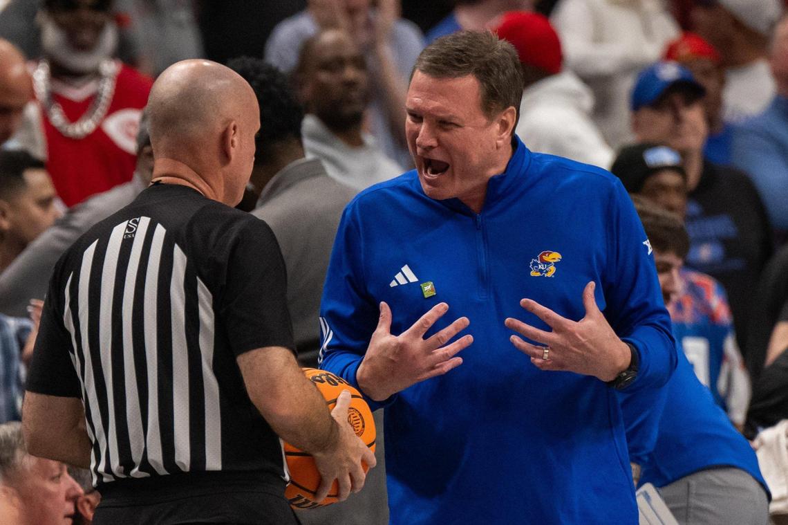 Kansas Jayhawks head coach Bill Self argues a call during a timeout in the first half of a Big 12 Championship quarterfinal game vs. the Arizona Wildcats on Thursday, March 13, 2025 at T-Mobile Center.