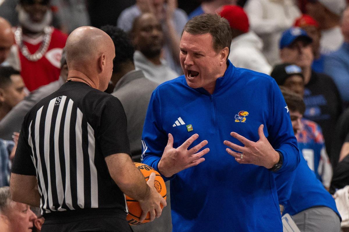 Kansas Jayhawks head coach Bill Self argues a call during a timeout in the first half of a Big 12 Championship quarterfinal game vs. the Arizona Wildcats on Thursday, March 13, 2025 at T-Mobile Center.