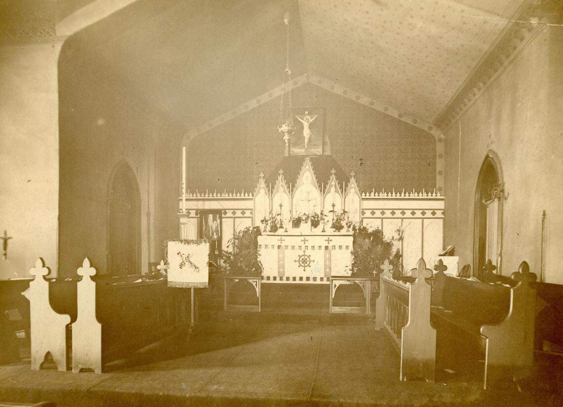 Interior view of St. Mary’s Church at 8th and Walnut, where Jardine would have administered services, n.d. Missouri Valley Special Collections, Kansas City Public Library.