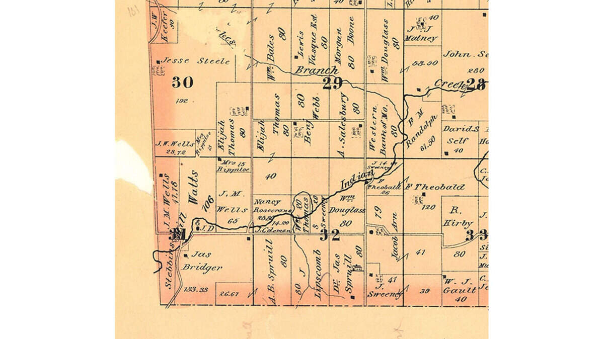 Plat map section showing the Watts Mill and Dallas area, 1877 (bottom left corner).