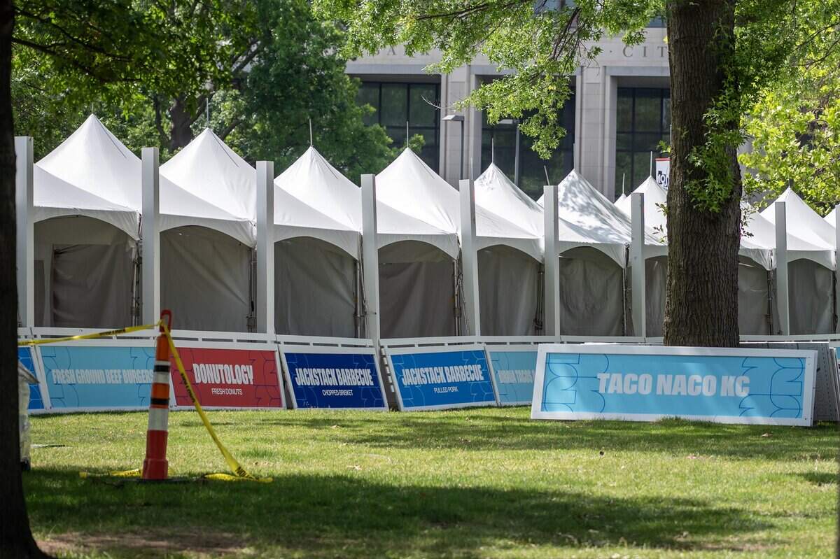 A variety of local food vendor banners are displayed at the FIFA Fan Festival site during a media walkthrough at the National WWI Museum and Memorial on Wednesday, May 27, 2026, in Kansas City.