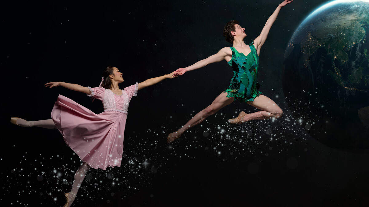 Kansas City Ballet dancers Naomi Tanioka and Joshua Kiesel take flight in “Peter Pan.”