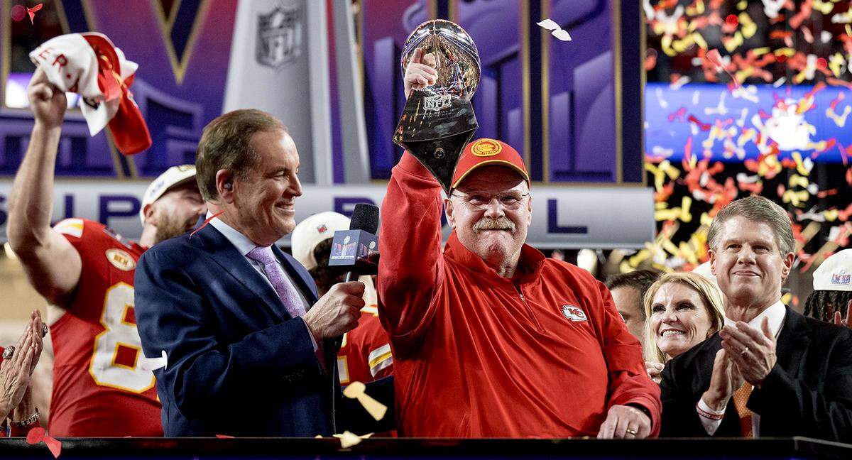 Kansas City Chiefs head coach Andy Reid hoists the Lombardi Trophy after the Chiefs defeated the San Francisco 49ers in overtime 25-22 in Super Bowl LVIII on Feb. 11, 2024, in Las Vegas. Reid has been the head coach of the Kansas City Chiefs since 2013, compiling a 143–52 record and leading the team to Super Bowl victories in 2019, 2022, and 2023. Prior to joining the Chiefs, Reid coached the Philadelphia Eagles for 14 seasons, posting a 130–93–1 record. Over his 26-year career, he has accumulated a combined 273–145–1 record, including a 26–16 playoff record.