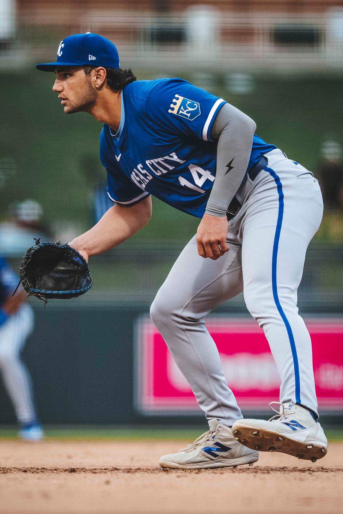 Kansas City Royals top prospect Jac Caglianone fields his position at first base during the club’s MLB Spring Breakout Game against the Arizona Diamondbacks on March 14, 2025 at Salt River Field at Talking Stick in Scottsdale, Arizona.