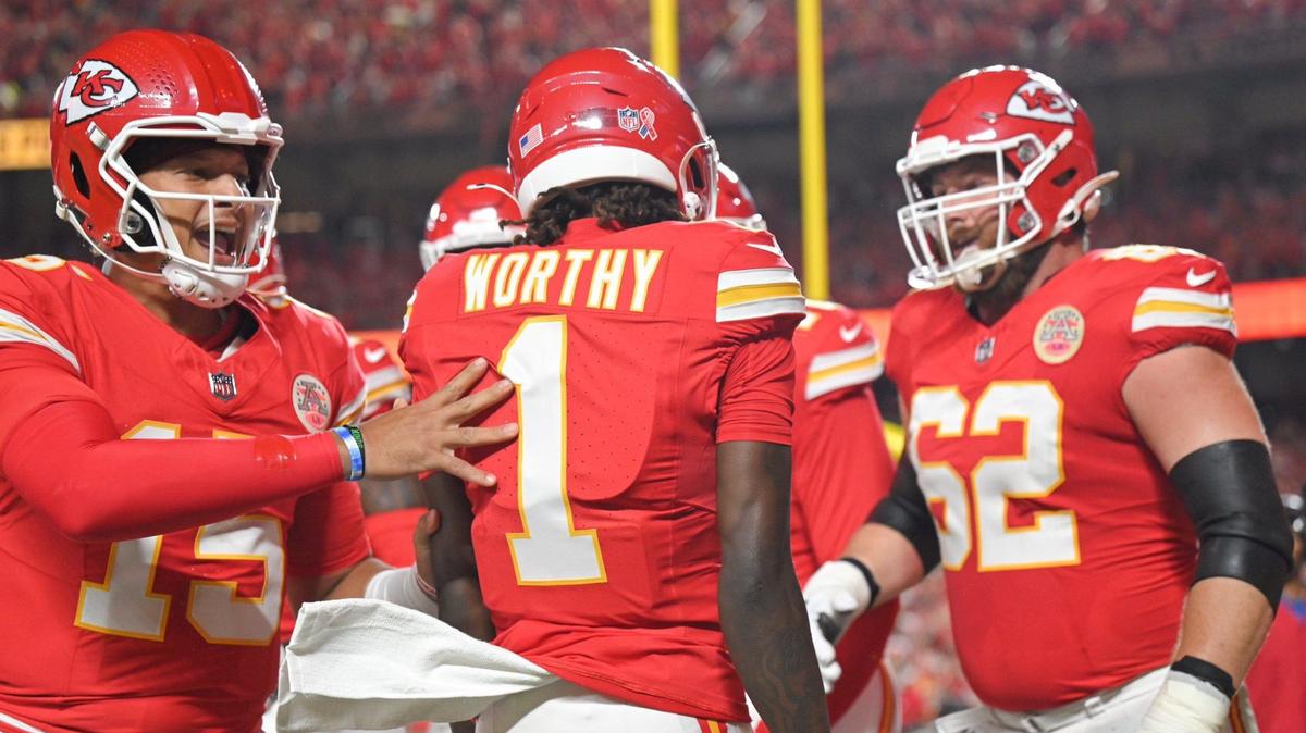 Kansas City Chiefs quarterback Patrick Mahomes congratulates wide receiver Xavier Worthy after Worthy ran in a touchdown in the first quarter against the Baltimore Ravens Thursday, Sept. 5, 2024, at GEHA Field at Arrowhead Stadium.