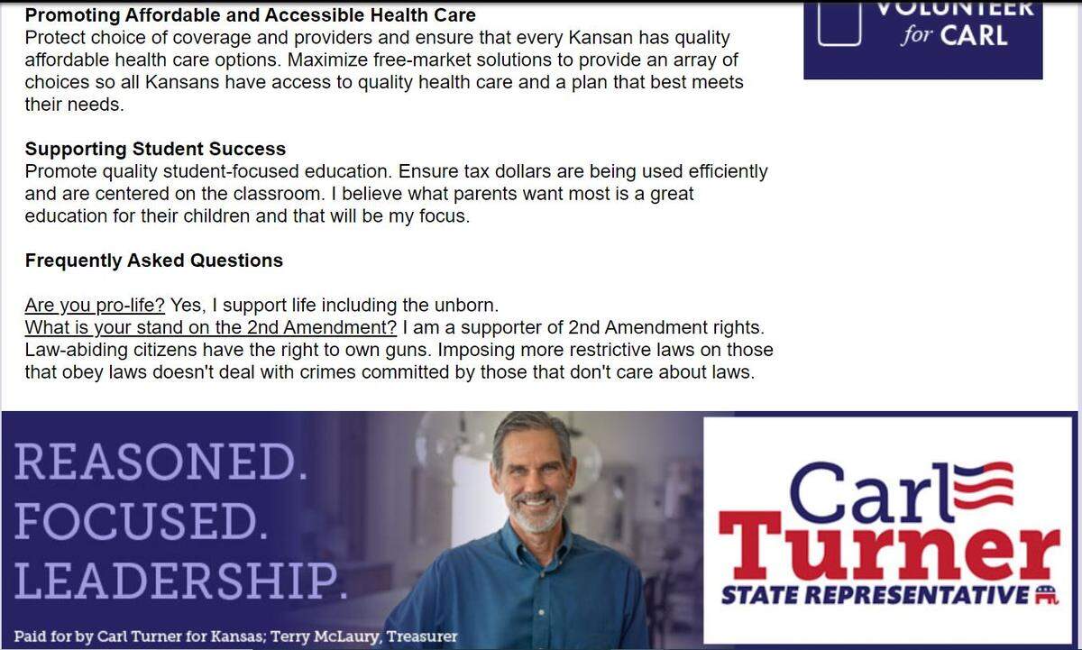 Rep. Carl Turner’s website last year showed his position on abortion according to the Wayback Machine, an internet archive.