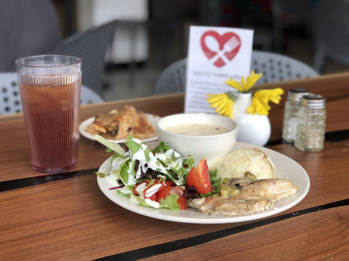 Thelma’s Kitchen serves lunch Monday through Friday at 3101 Troost Ave. Customers pay what they can for meals that include soup, salad, an entree and dessert. On a recent Monday, the featured entree was chicken with leeks, mushrooms and mashed potatoes.