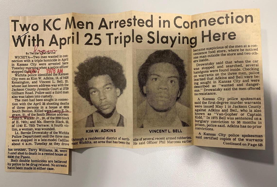 A newspaper article from June 7, 1978, shows the mugshots of Kilm Adkins and Vincent Bell.