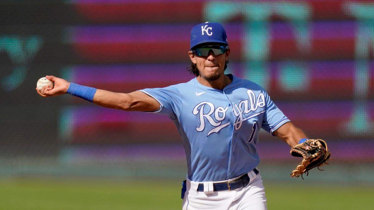 Kansas City Royals second baseman Nicky Lopez throws during the ninth inning of a baseball game against the Pittsburgh Pirates Sunday, Sept. 13, 2020, in Kansas City, Mo. The Royals won 11-0. (AP Photo/Charlie Riedel)