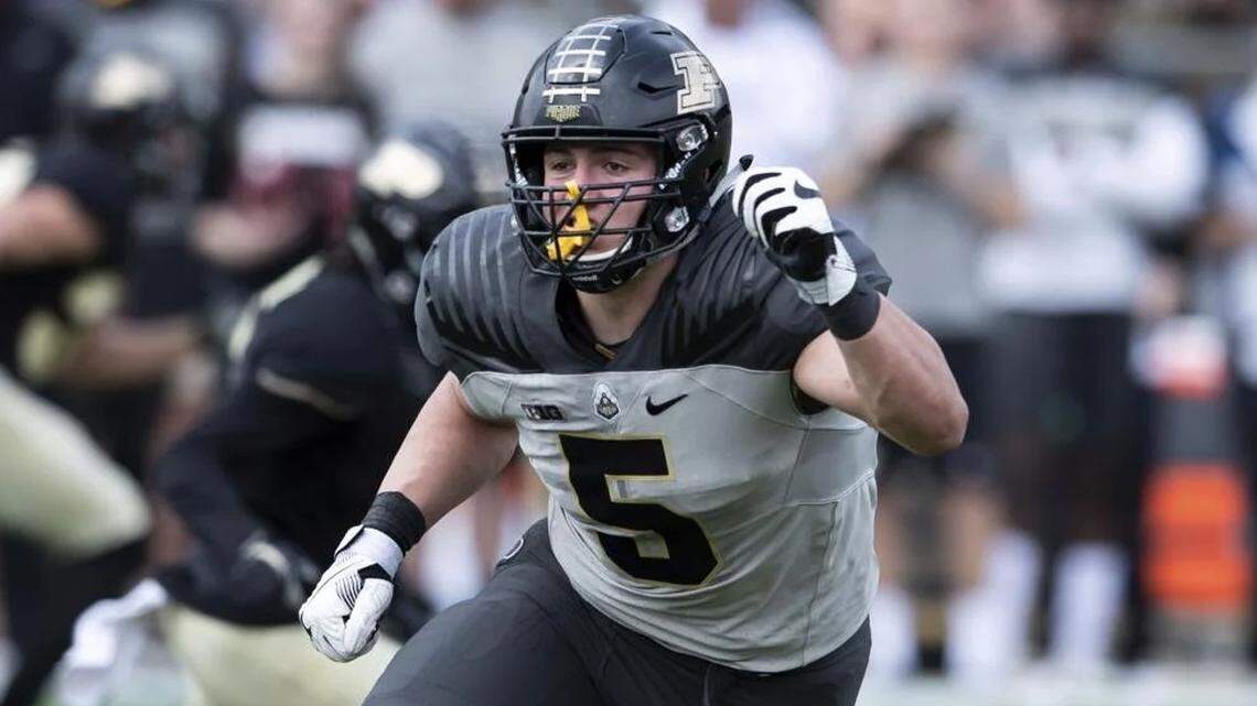 George Karlaftis declared for the 2022 NFL Draft after recording 97 tackles, 29 tackles for loss and 14 sacks during a three-year college career as a Purdue Boilermakers edge rusher.