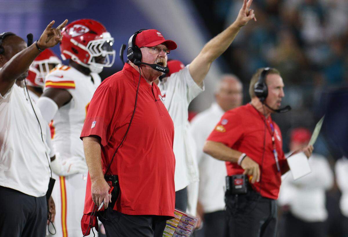 Kansas City Chiefs head coach Andy Reid looks on during an NFL game against the Jaguars at EverBank Stadium in Jacksonville, Florida on Monday, Oct. 6, 2025.