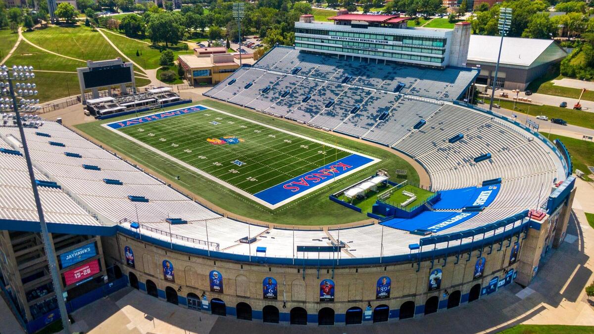 David Booth Kansas Memorial Stadium, home of the Jayhawks, on Aug. 8, 2023, in Lawrence, Kansas.