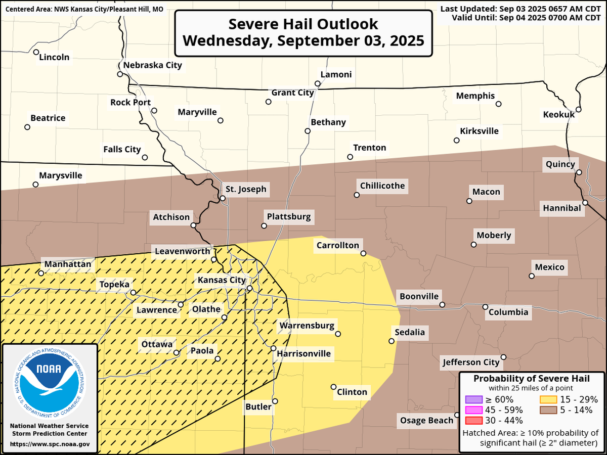 The Kansas City area is included in an area where large hail the size of limes will be possible as severe storms sweep through Wednesday afternoon and evening, according to the National Weather Service’s Storm Prediction Center.