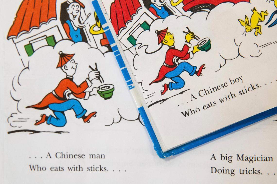 A 1964 edition of Dr. Seuss’ first book, “And to Think That I Saw It on Mulberry Street,” right, includes a character described as “a Chinese boy,” with yellow skin and a long ponytail. A 1984 edition changed that to “a Chinese man” and removed the skin tone and ponytail. Still, that book and five other Seuss books will no longer be published because of racist and insensitive imagery.