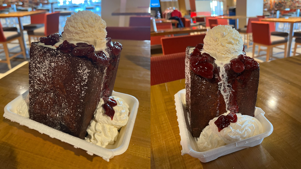 Arrowhead Stadium’s Touchdown Toast is described as an “entire loaf of bread soaked in eggs, custard, milk and heavy cream, served with vanilla ice cream, berry sauce, strawberries and powdered sugar.”
