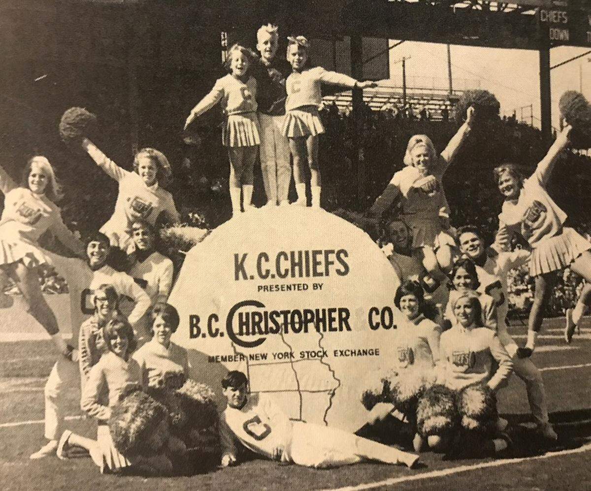 Kansas City Chiefs Cheerleaders, men and women, at Municipal Stadium in 1967.
