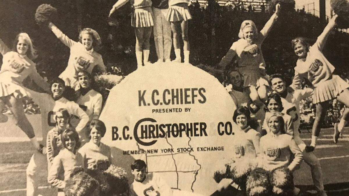 At 19, Larry Euston, second from left, was a Kansas City Chiefs cheerleader when the team faced the Green Bay Packers on Jan. 15, 1967, for Super Bowl I in Los Angeles.