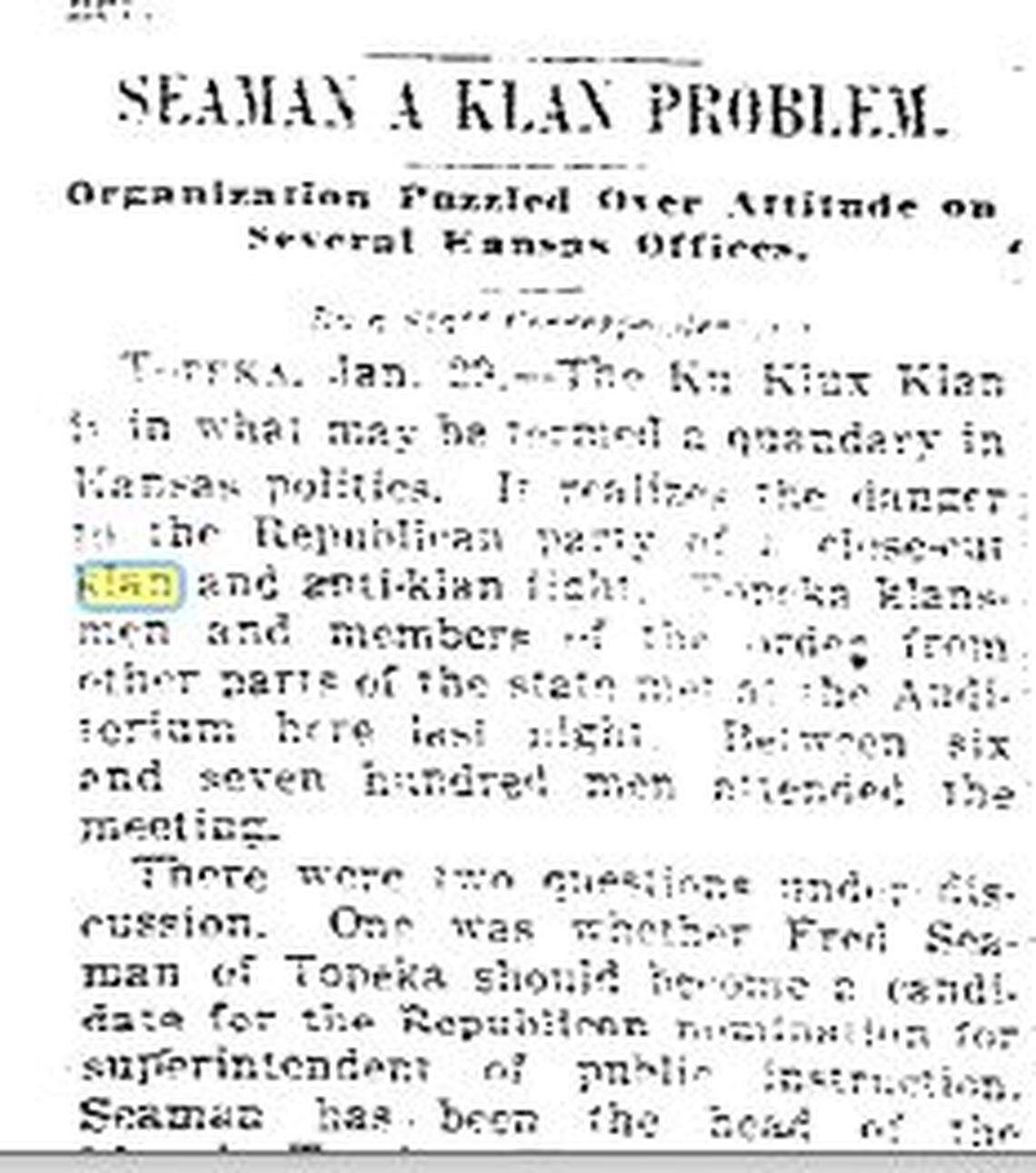 A story in the Jan. 29, 1926, issue of The Kansas City Star identifies Fred Seaman as a member of the Ku Klux Klan.