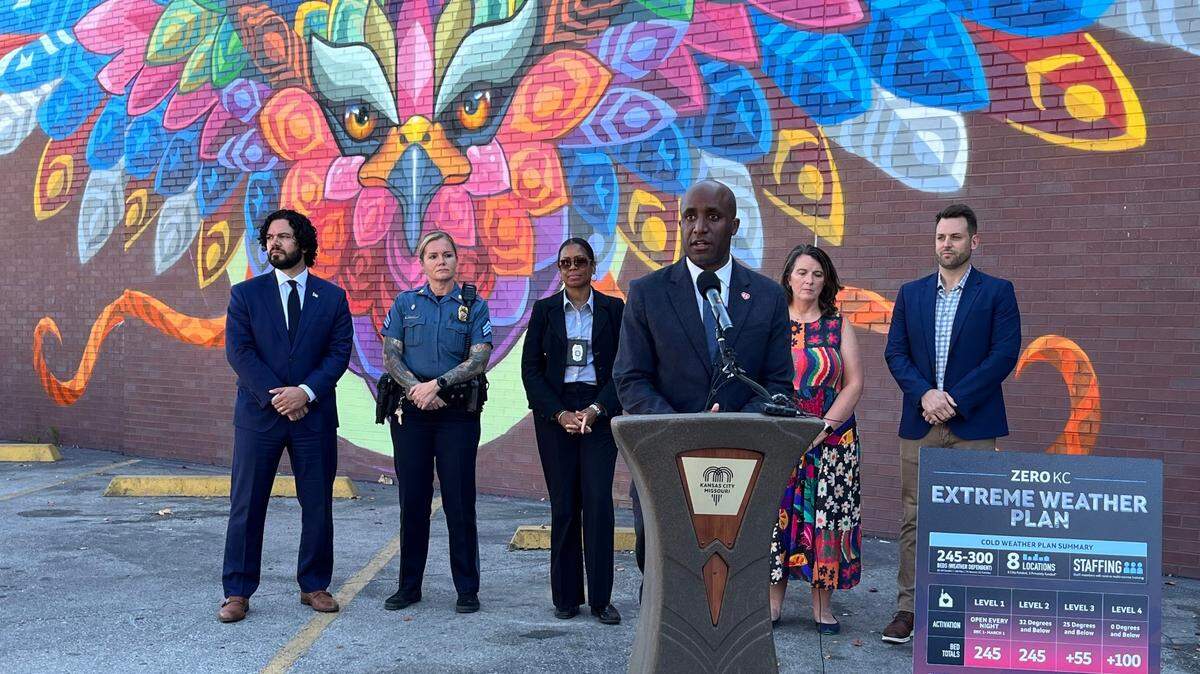 Kansas City Mayor Quinton Lucas stands in front of Hope Faith Ministries Tuesday afternoon to talk about the upcoming cold weather low-barrier shelter plan.