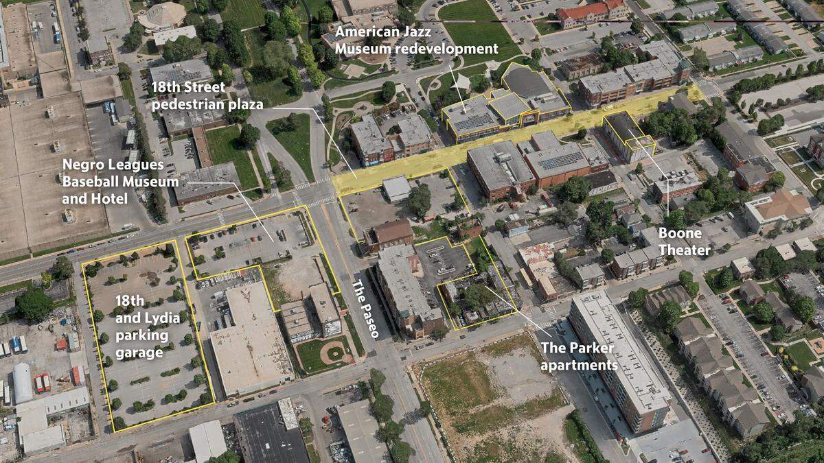 Construction projects in the 18th & Vine District, including the Negro Leagues Baseball Museum and Hotel and The Parker apartments.