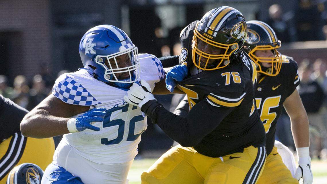 Kentucky junior nose guard Justin Rogers, left, has recorded 15 tackles in UK’s past two games.