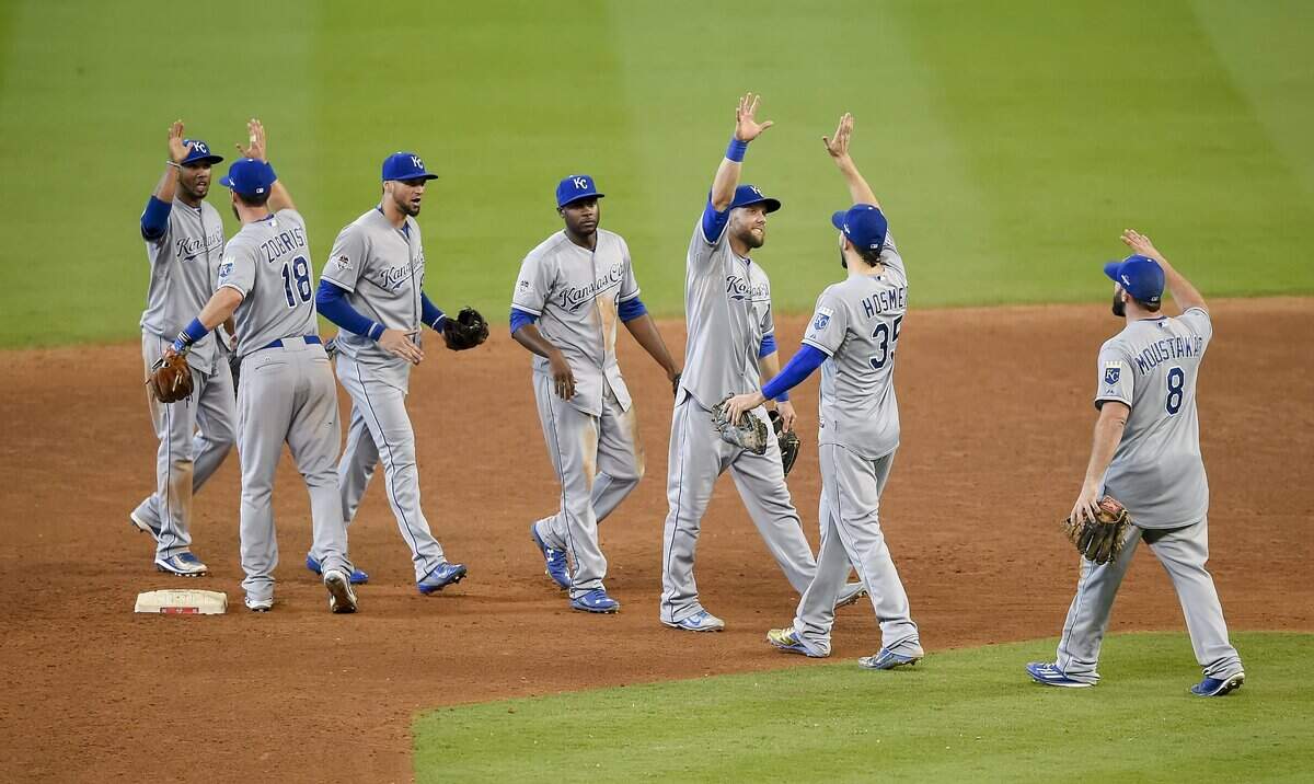 Kansas City Royals left fielder Alex Gordon (4) celebrated with Kansas City Royals first baseman Eric Hosmer (35) at the end of the Royals’ 9-6 win over the Houston Astros during Monday’s ALDS baseball game on October 12, 2015 at Minute Maid Park in Houston, Texas.
