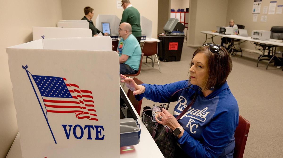 Cheryl Bristol of Independence, Missouri, votes in a general municipal election on Friday, March 29, 2024, in Independence.