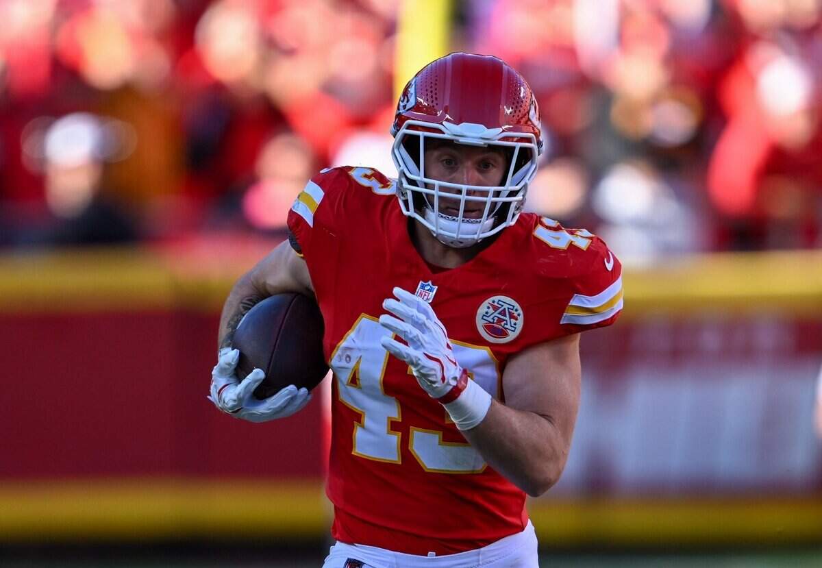 Kansas City Chiefs linebacker Jack Cochrane (43) runs the ball down field after making an interception in the Kansas City Chiefs vs. Los Angeles Chargers NFL regular season game at Arrowhead Stadium in Kansas City on Oct. 18, 2026.