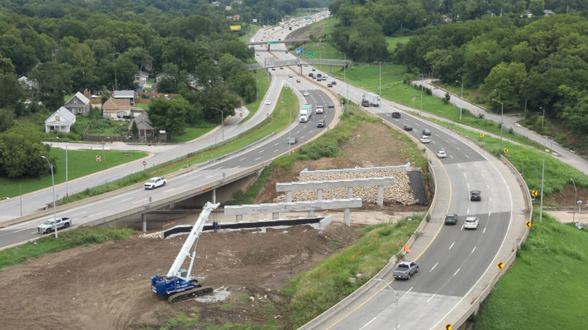 Ariel view of the constructed bridge columns and bridge caps on the Jackson Curve in the median of an active interstate.