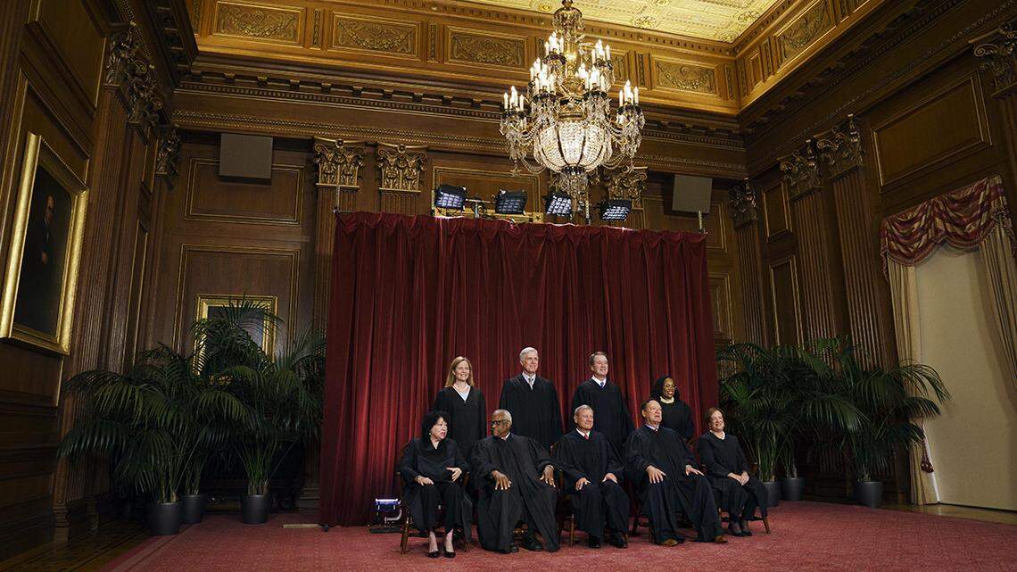 Oct 7, 2022; Washington, DC, USA; Members of the Supreme Court pose for a group photo at the Supreme Court. Seated from left: Associate Justice Sonia Sotomayor, Associate Justice Clarence Thomas, Chief Justice of the United States John G. Roberts, Jr., Associate Justice Samuel A. Alito, Jr. and Associate Justice Elena Kagan
  
Standing behind from left: Associate Justice Amy Coney Barrett, Associate Justice Neil M. Gorsuch, Associate Justice Brett M. Kavanaugh and Associate Justice Ketanji Brown Jackson. Mandatory Credit: Jack Gruber-USA TODAY