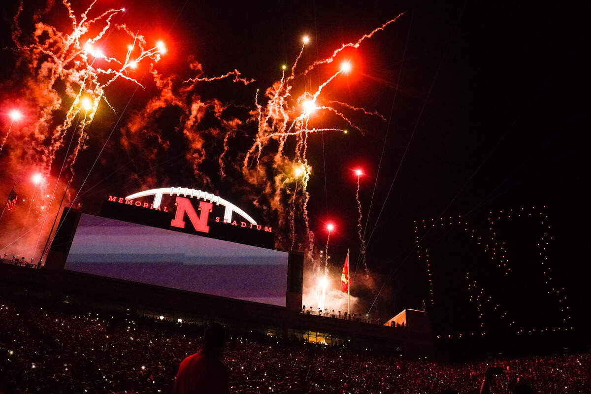 Fireworks and a drone light show following the match between the Nebraska Cornhuskers and the Omaha Mavericks at Memorial Stadium.