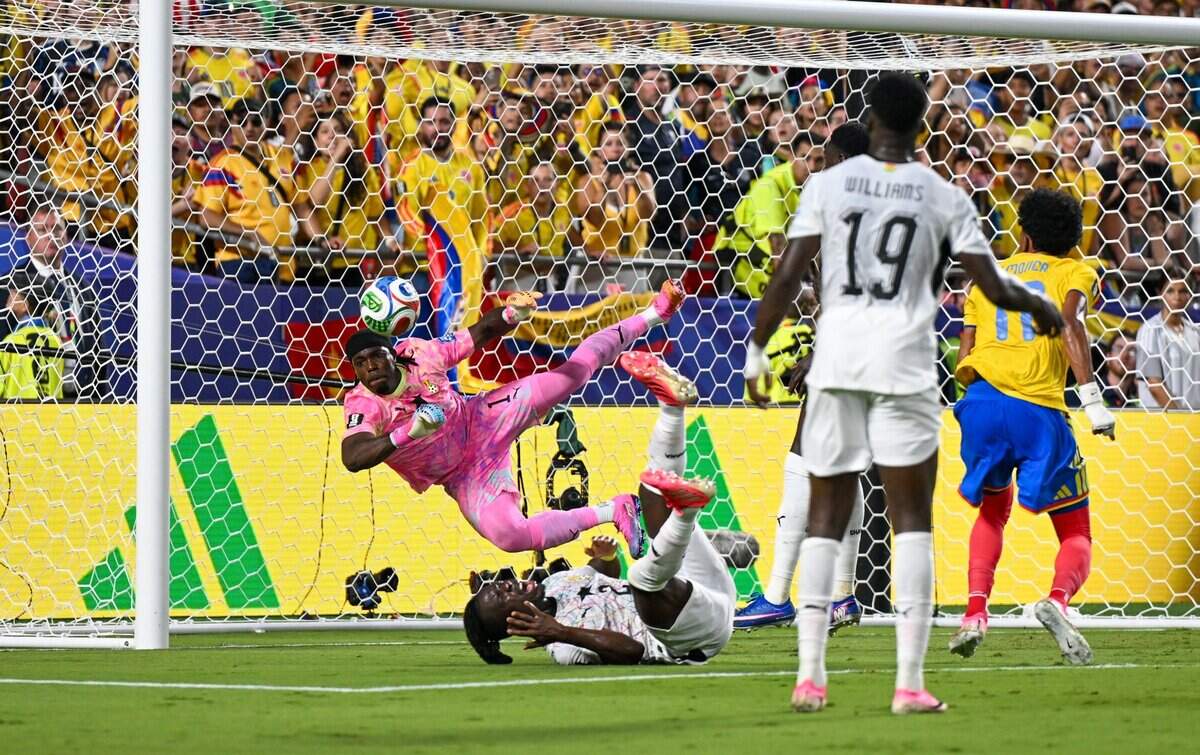 Ghana goalkeeper Lawrence Ati-Zigi (1) makes a save in the first half of the Colombia vs. Ghana 2026 World Cup round of 32 football match at Kansas City (Arrowhead) Stadium in Kansas City on Friday, July 3, 2026.