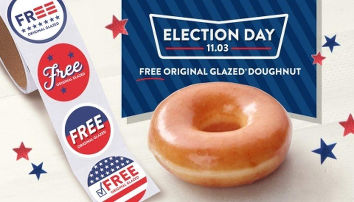 Krispy Kreme is offering free doughnuts and “I voted” stickers on Election Day 2020.