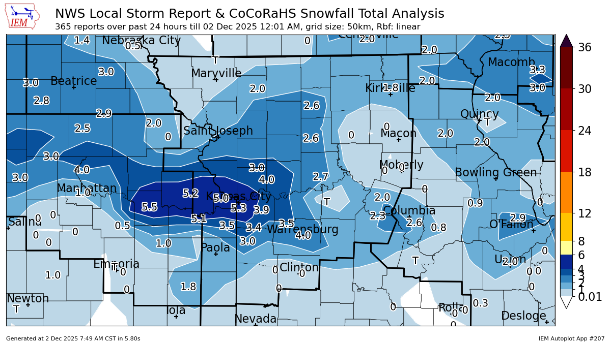 Kansas City’s first snow of the season set records at Kansas City International Airport, with more than 5 inches reported in parts of the metro. Typically, the metro averages 4 inches of snow for the entire month of December.