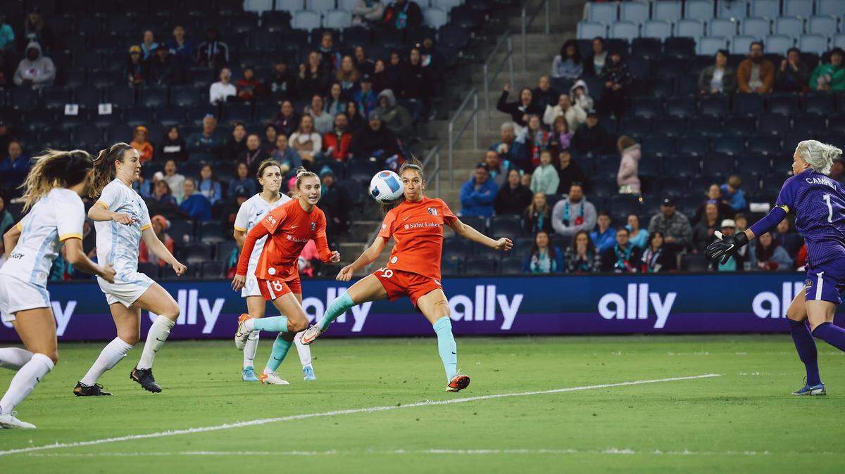 Kansas City Current midfielder Victoria Pickett drops the hammer on a second-half goal during an April match in KCK against the Houston Dash.
