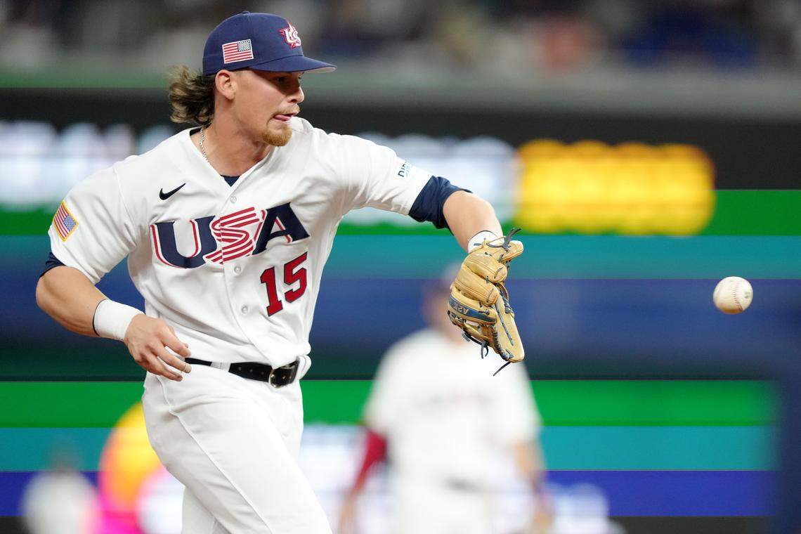 Bobby Witt Jr. #15 of Team USA fields a ball in the sixth inning against Team Cuba during the World Baseball Classic Semifinals at loanDepot park on March 19, 2023 in Miami, Florida.