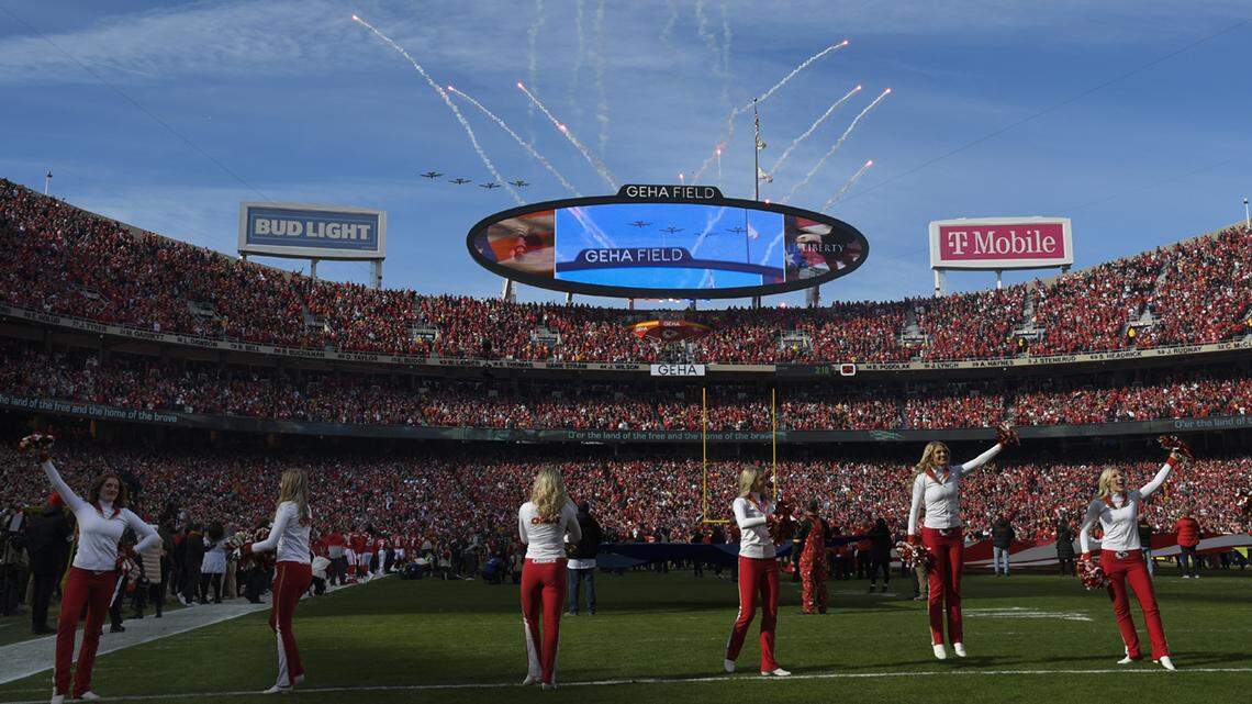 Four A-10 Thunderbolt II aircraft from Whiteman Air Force base fly over Arrowhead Stadium before the start of the NFL AFC Championship football game between the Kansas City Chiefs and the Cincinnati Bengals, Sunday, Jan. 30, 2022 in Kansas City, Missouri.