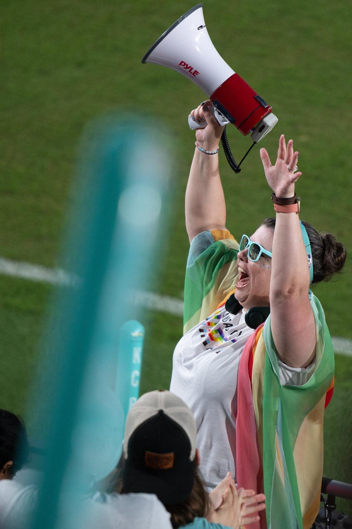 Jennifer Gall leads KC Current fans in a chant during a match against the Chicago Red Stars on Friday, June 14, 2024, at CPKC Stadium in Kansas City.