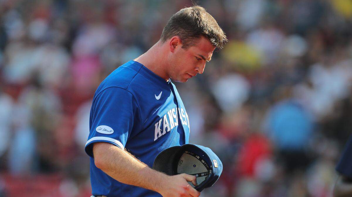 Kansas City Royals starting pitcher Kris Bubic (50) reacts during the third inning against the Boston Red Sox at Fenway Park on Sept. 18, 2022.