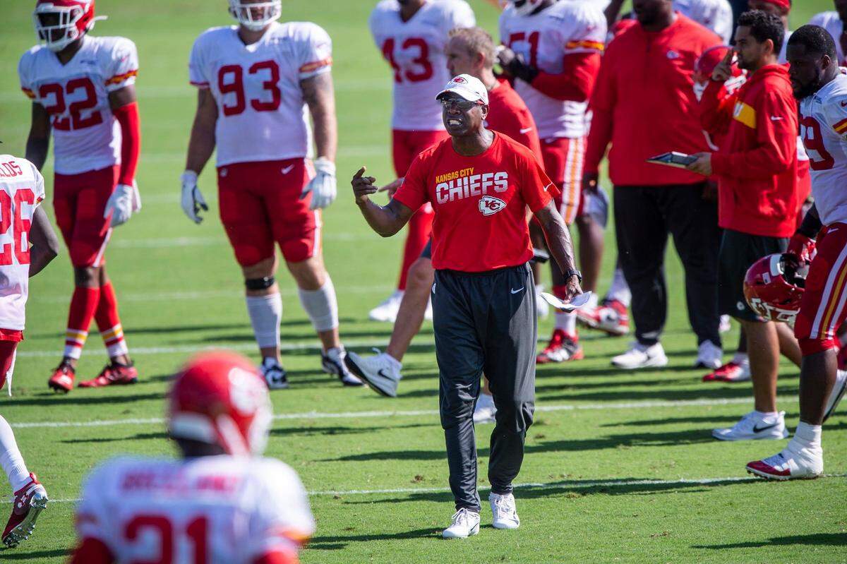 Chiefs defensive backs coach Sam Madison barks instructions during a training-camp drill in 2019 at Missouri Western State University in St. Joseph, Missouri.