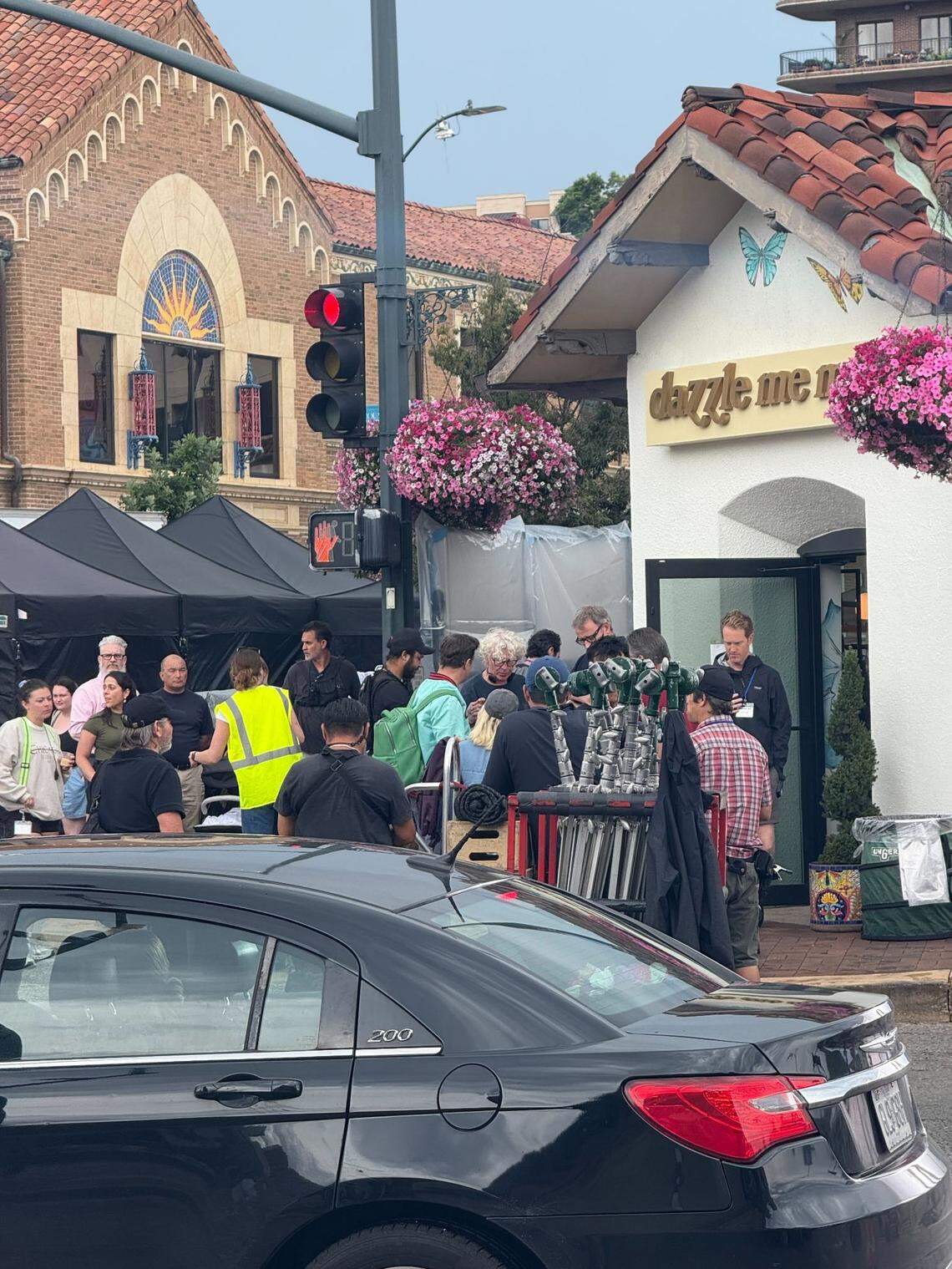“Ted Lasso” filming at the Johnny Was store on the Country Club Plaza Monday.