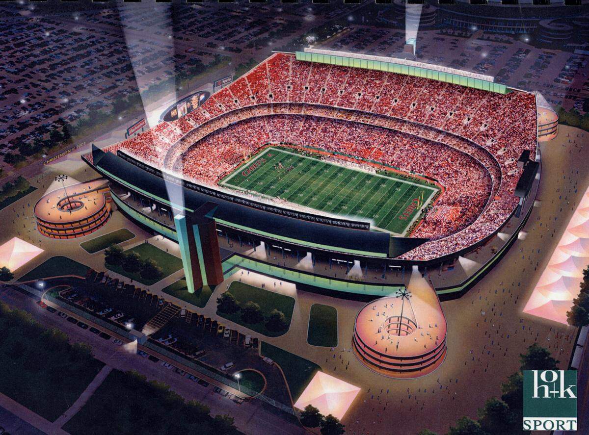 A rendering from 2001 shows a concept for renovations to Arrowhead Stadium. This concept from HOK Sports featured beacon towers at the stadium entrances.