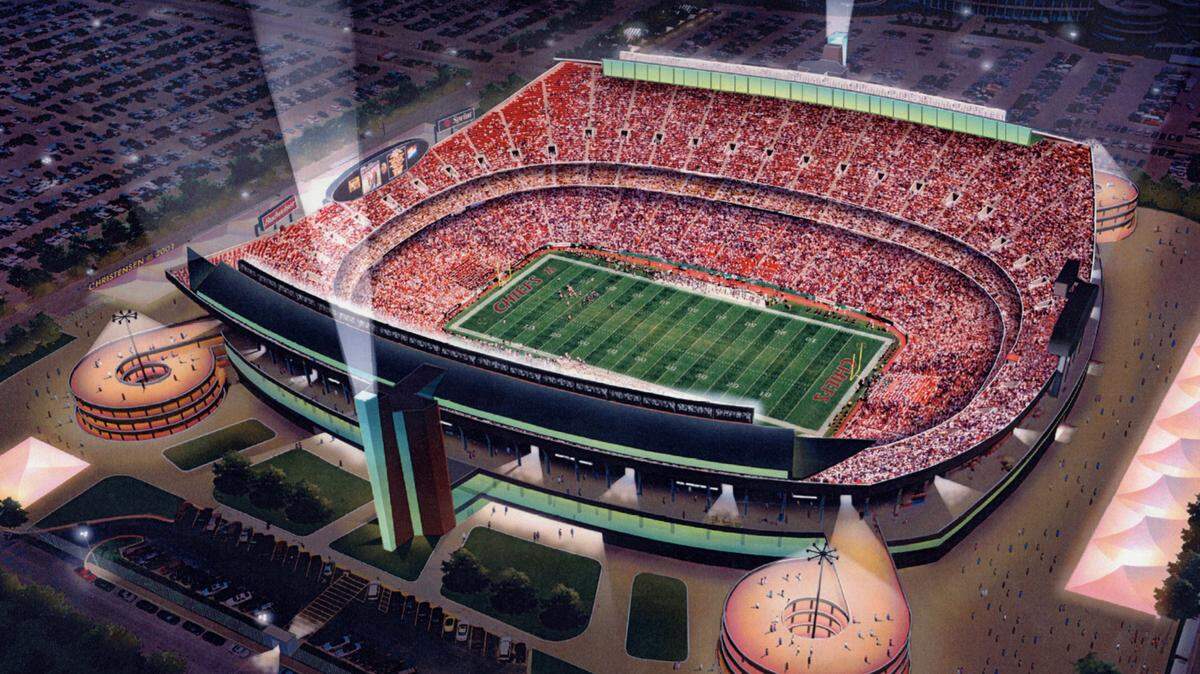 A rendering from 2001 shows a concept for renovations to Arrowhead Stadium. This concept from HOK Sports featured beacon towers at the stadium entrances.