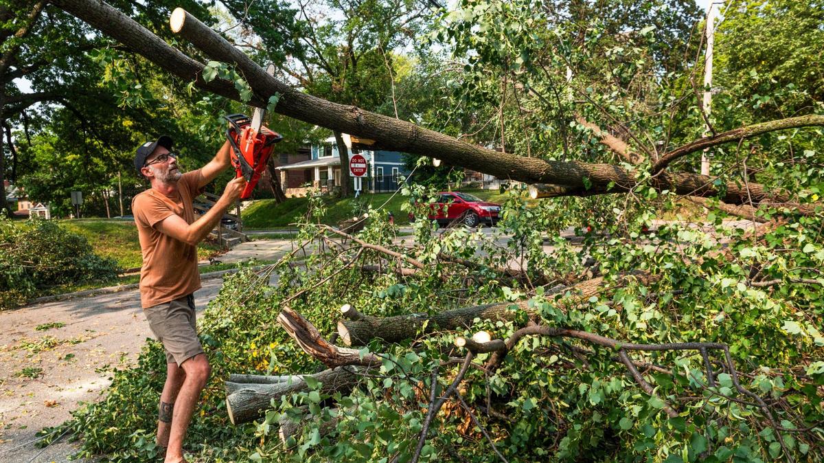 Ryan Jones removes branches from a tree that fell on a power line in the Hyde Park neighborhood on Saturday, July 15, 2023, in Kansas City. More than 92,000 residents were without power on Saturday morning.