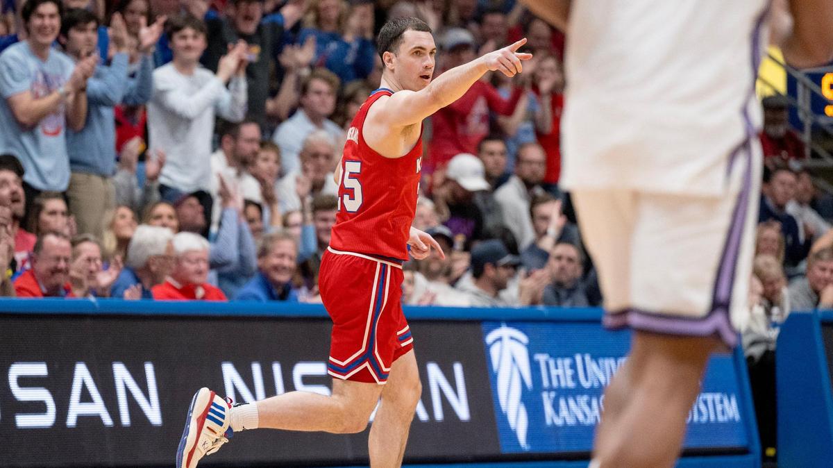 Kansas Jayhawks guard Nicolas Timberlake (25) celebrates a 3-pointer against the Kansas State Wildcats during an NCAA college basketball game on Tuesday, March 5, 2024, in Lawrence.