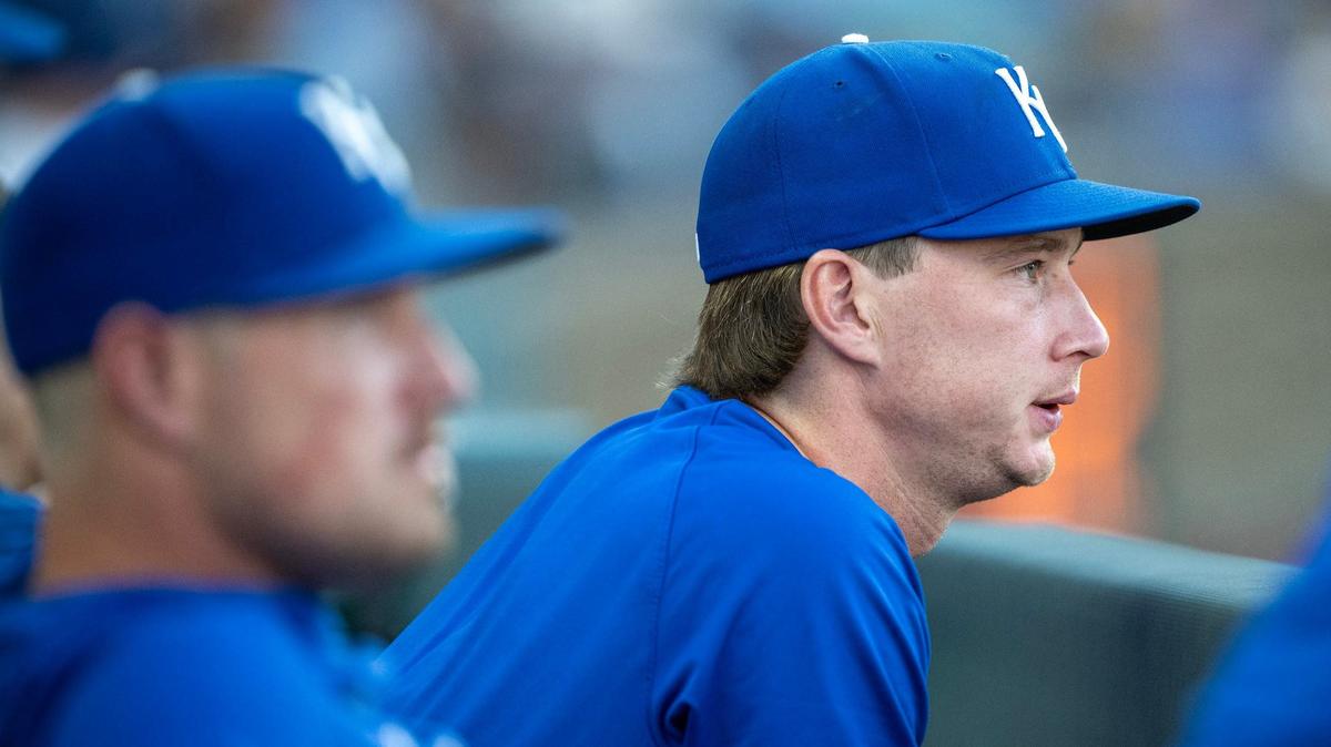 Kansas City Royals pitcher Brady Singer (51) watches the game from the dugout as the New York Yankees put up 11 runs on Wednesday, June 12, 2024, at Kauffman Stadium.