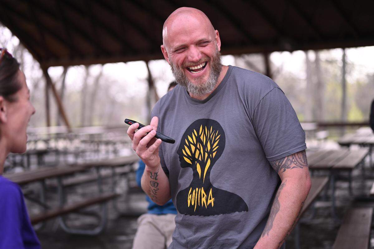 Michael Politte laughs after he was released on parole April 22, 2022, from the Jefferson City Correctional Center in Missouri. He maintains he was wrongly convicted of murdering his mother in 1998.