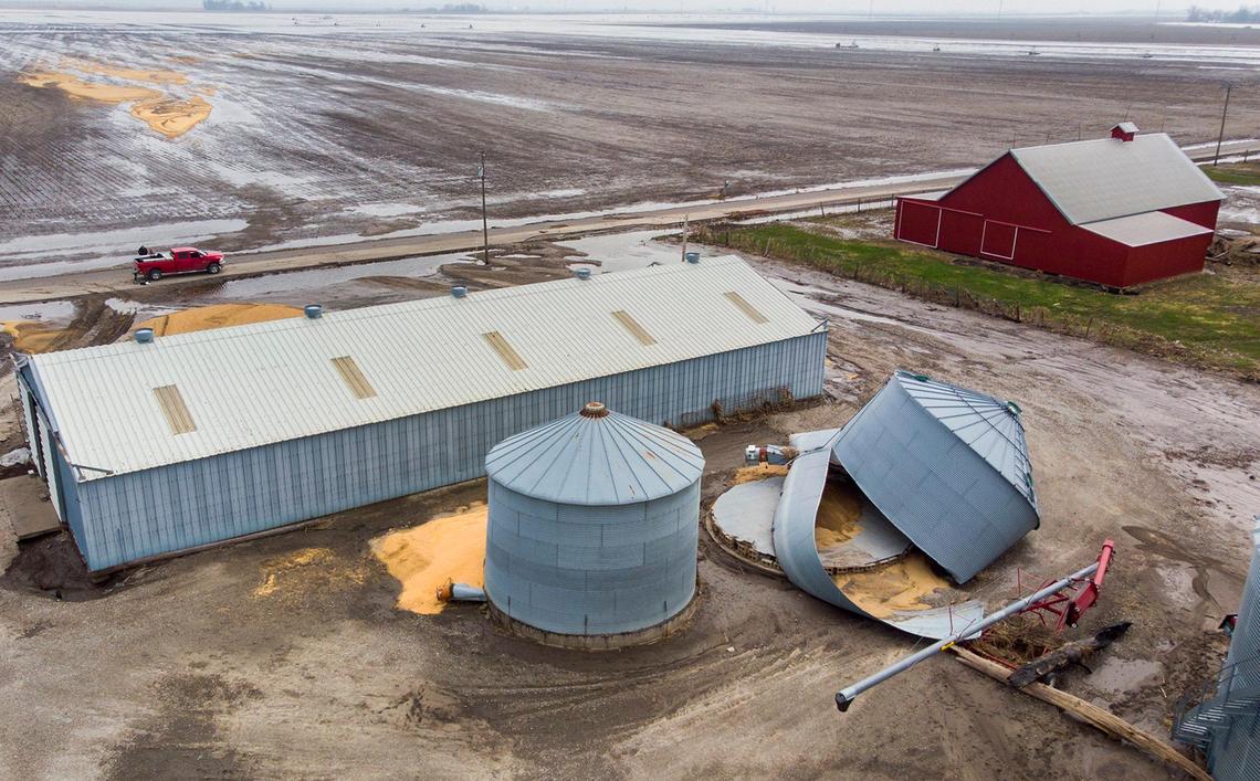 Farmer Bruce Biermann of Mound City, Mo., had grain from his flood-damaged grain bins wash across farmland in Corning, Missouri, in Holt County. Biermann, who farms 1,700-acres, does not know if he will be able to financially recover from this year’s flooding.