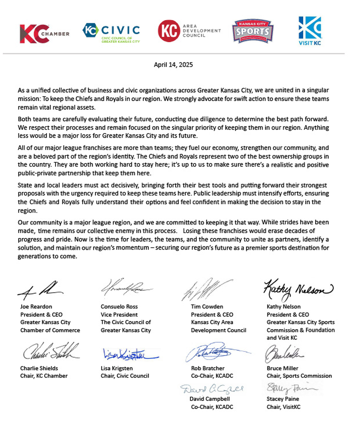 A letter signed by several Kansas City-area civic and business groups urges quick action to keep the Chiefs and Royals in the metro.