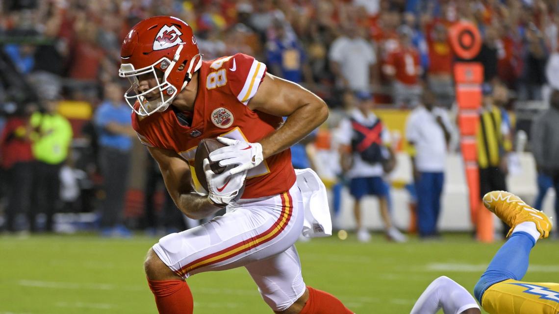 Kansas City Chiefs wide receiver Justin Watson gets into the end zone for a touchdown during a game this season at GEHA Field at Arrowhead Stadium.